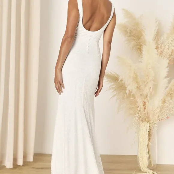 NWT Lulus Eternal Happiness White Lace Square Neck Mermaid Maxi Dress - Picture 4 of 5